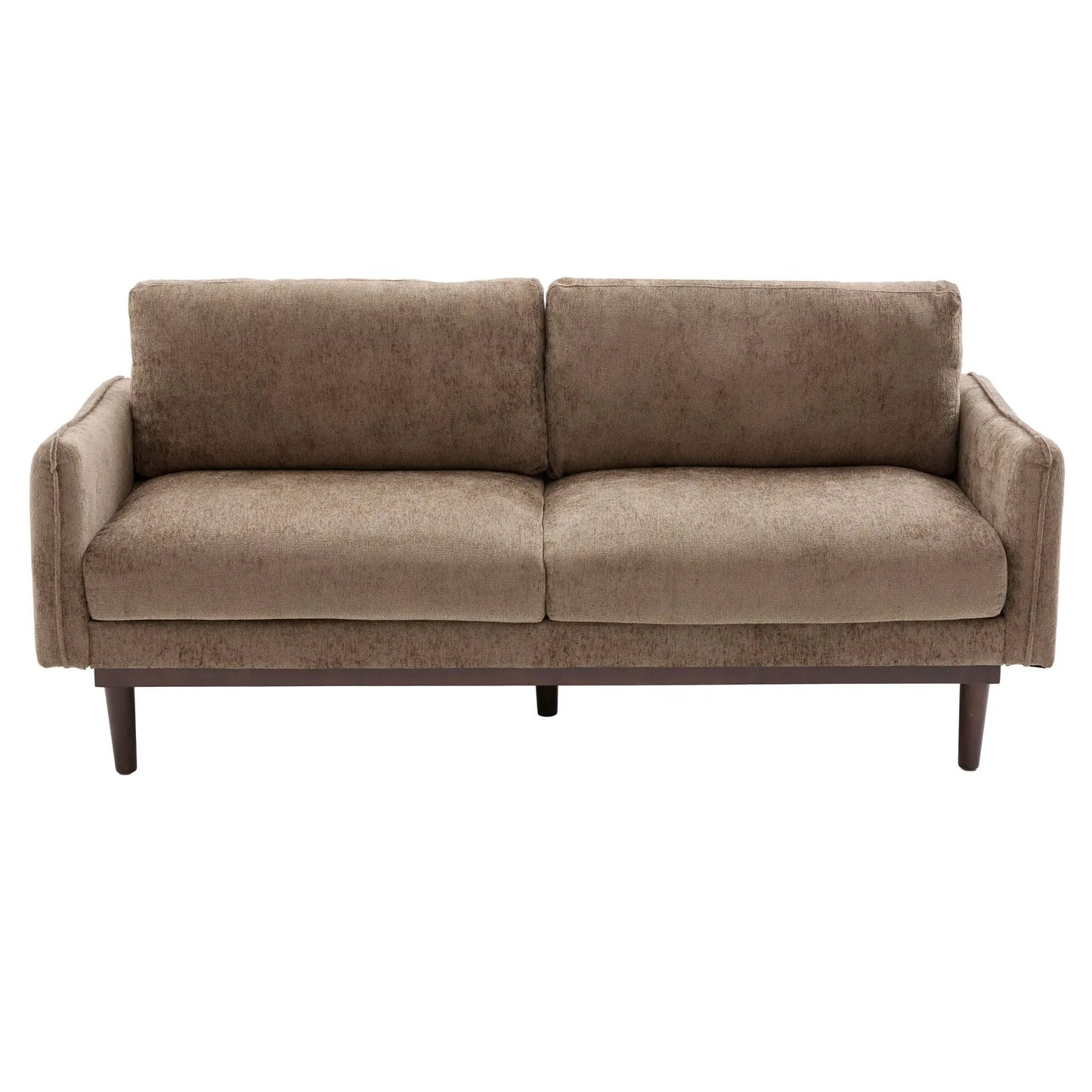 Loveseat Sofa With Spacious Seating, taupe plush upholstery, 2 cushions, dark wood legs on Tampa Home & Garden Store