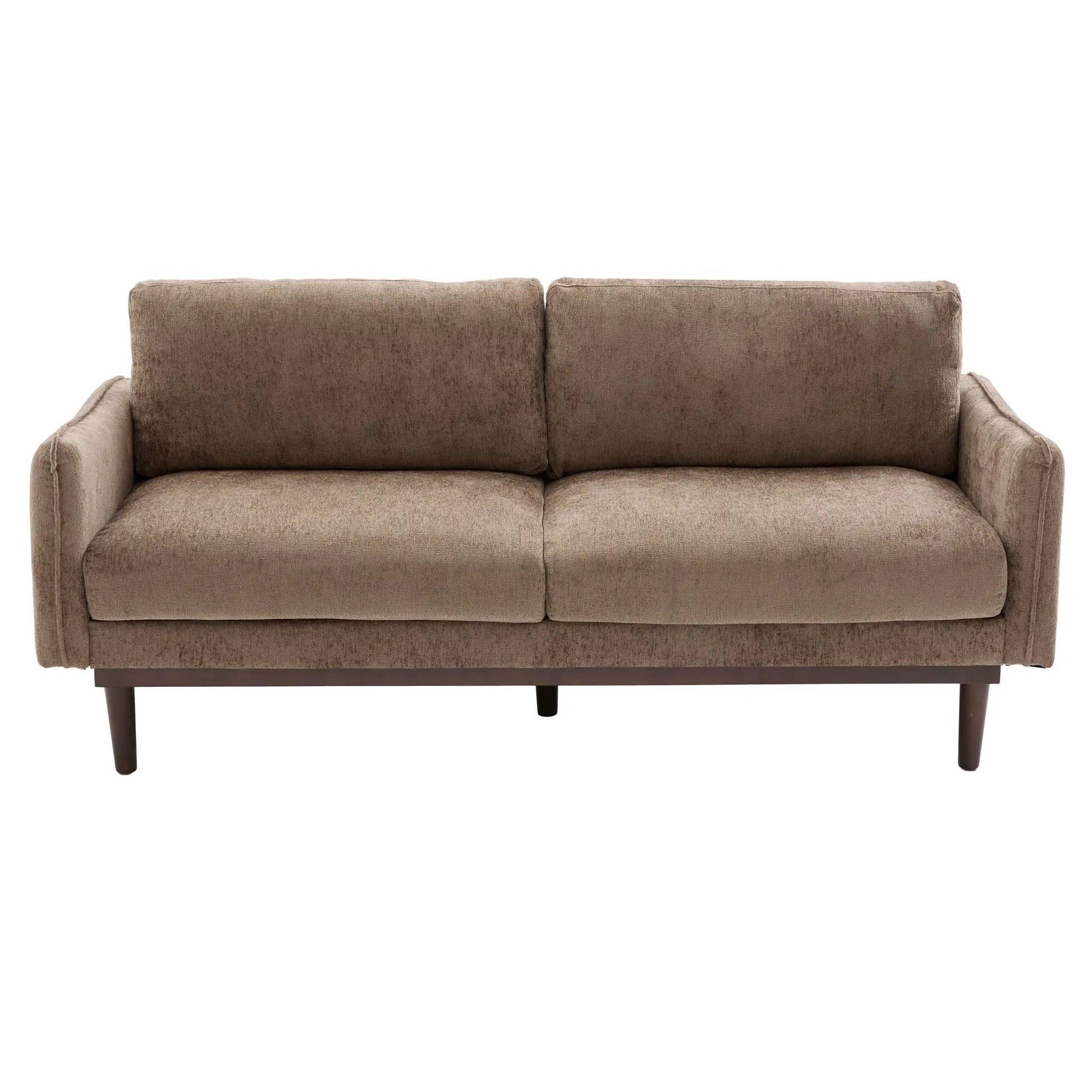Loveseat Sofa With Spacious Seating, taupe plush upholstery, 2 cushions, dark wood legs on Tampa Home & Garden Store
