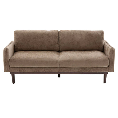 Loveseat Sofa With Spacious Seating, taupe plush upholstery, 2 cushions, dark wood legs on Tampa Home & Garden Store