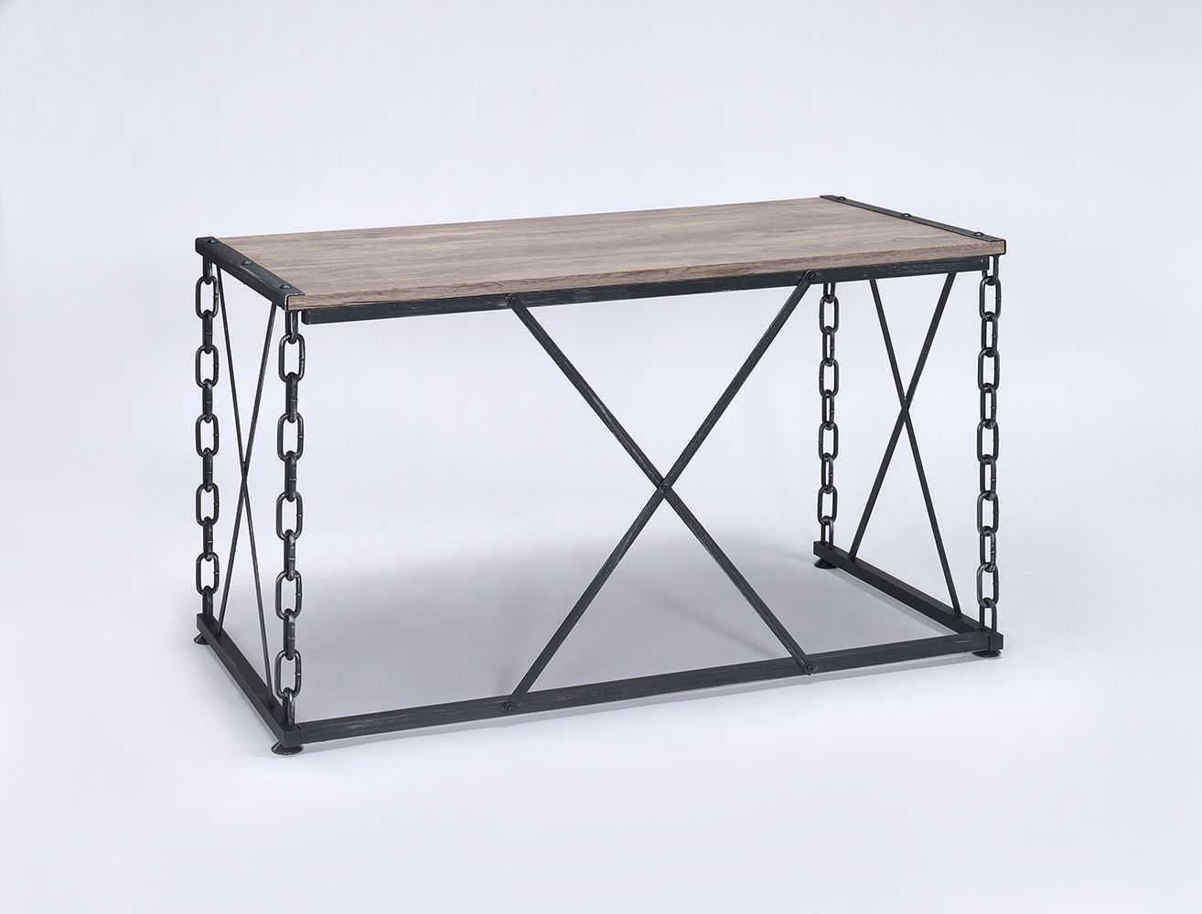 Jodie Console Table Rustic Oak top with antique black metal frame and chain sides on Tampa Home & Garden Store