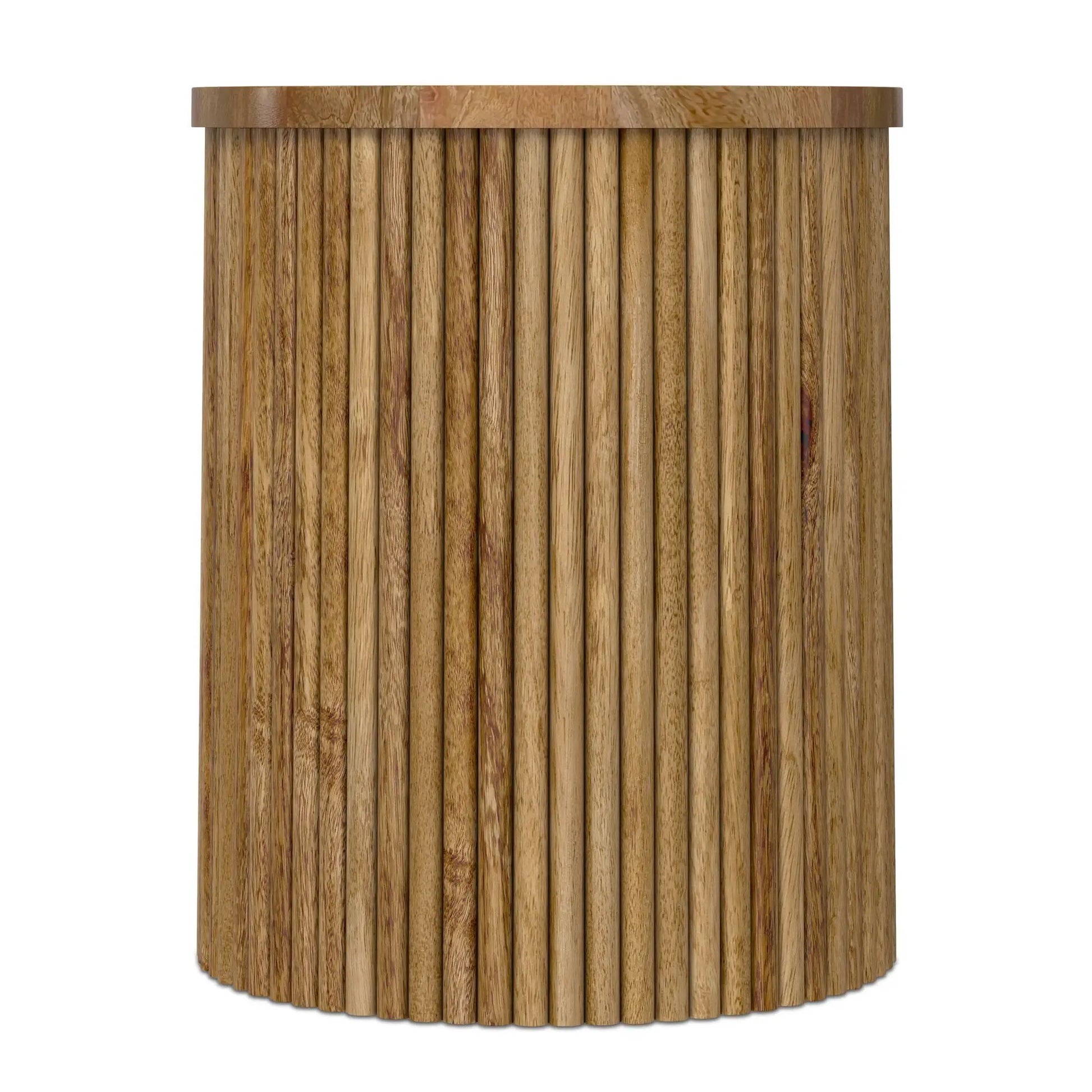 Demy Handcrafted Metal Accent Table with vertical wood slats around a round top on Tampa Home & Garden Store
