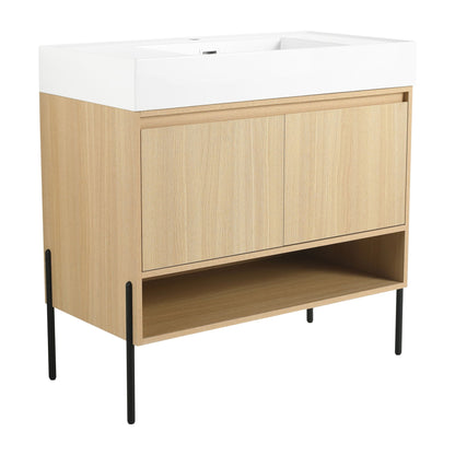 Modern bathroom vanity by HouseOfZazla with white resin sink on oak cabinet and black legs on Tampa Home & Garden Store