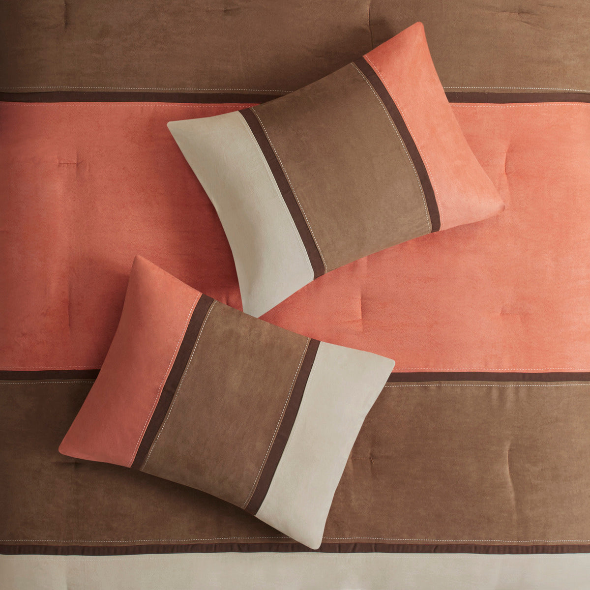 7 Piece Faux Suede Comforter Set Coral Queen with coral brown beige motif and 2 pillows on Tampa Home & Garden Store