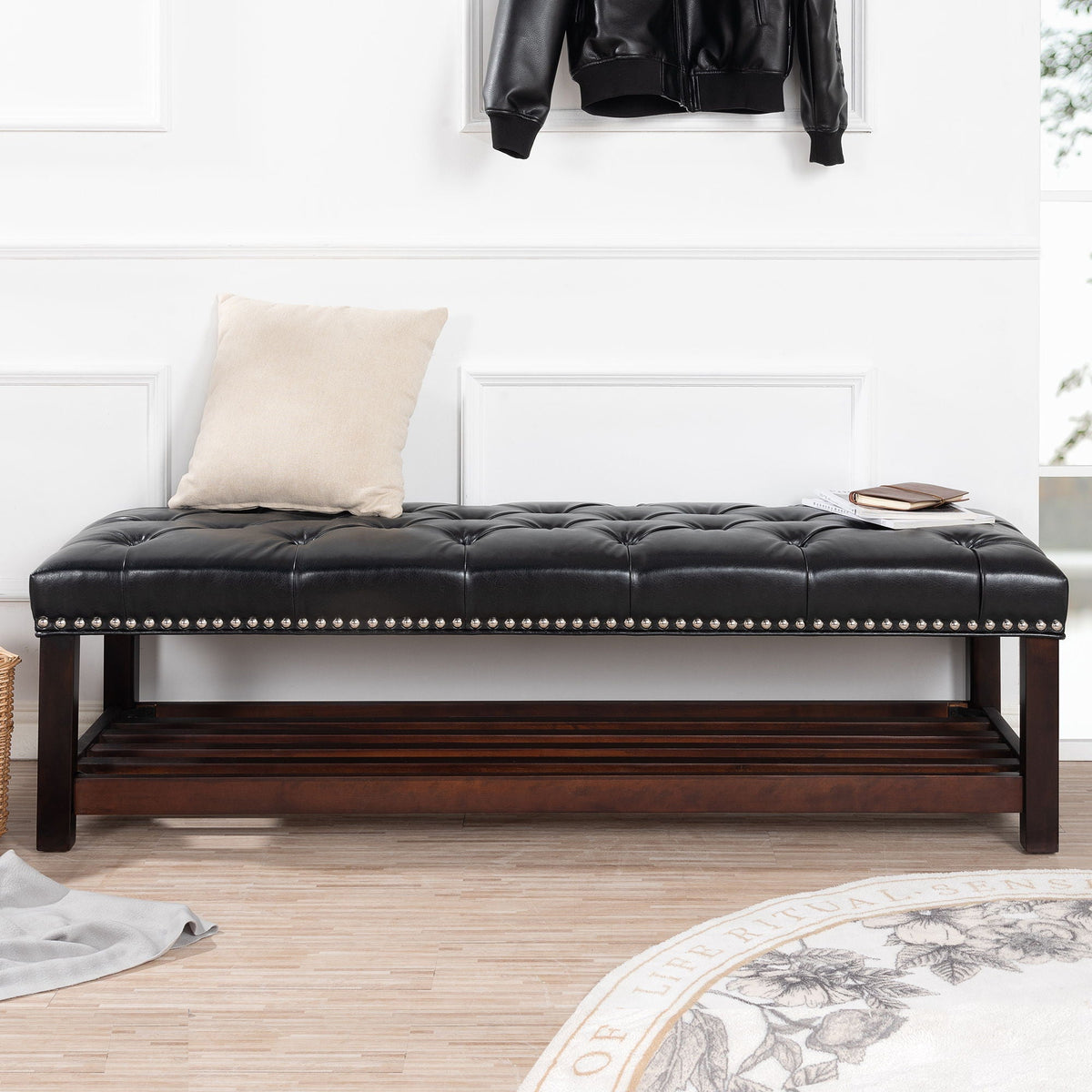 Tufted faux leather end-of-bed bench with nailhead trim in black by HouseOfZazla on Tampa Home & Garden Store