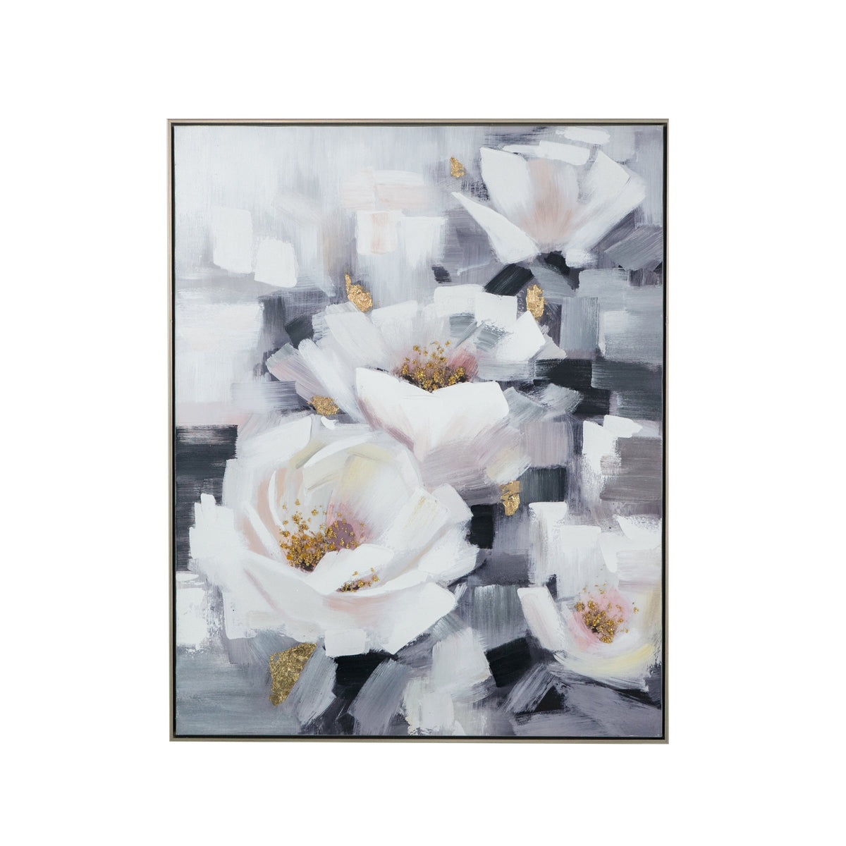 Sarah Framed Floral Wall Art hand-painted canvas muted blue pink gold leaf accents on Tampa Home & Garden Store