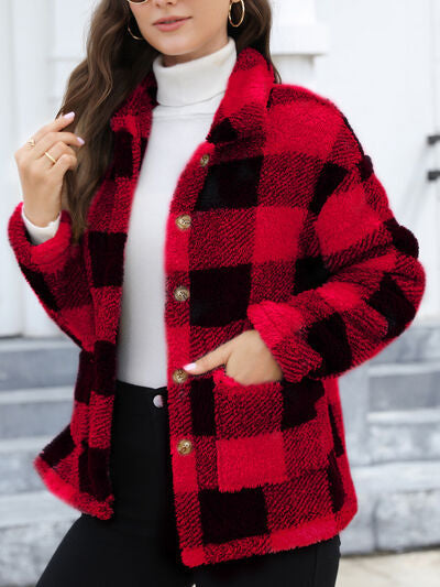 Stevvex red fuzzy buffalo plaid jacket with drop-shoulder, button-up, soft casual coat on Tampa Home & Garden Store