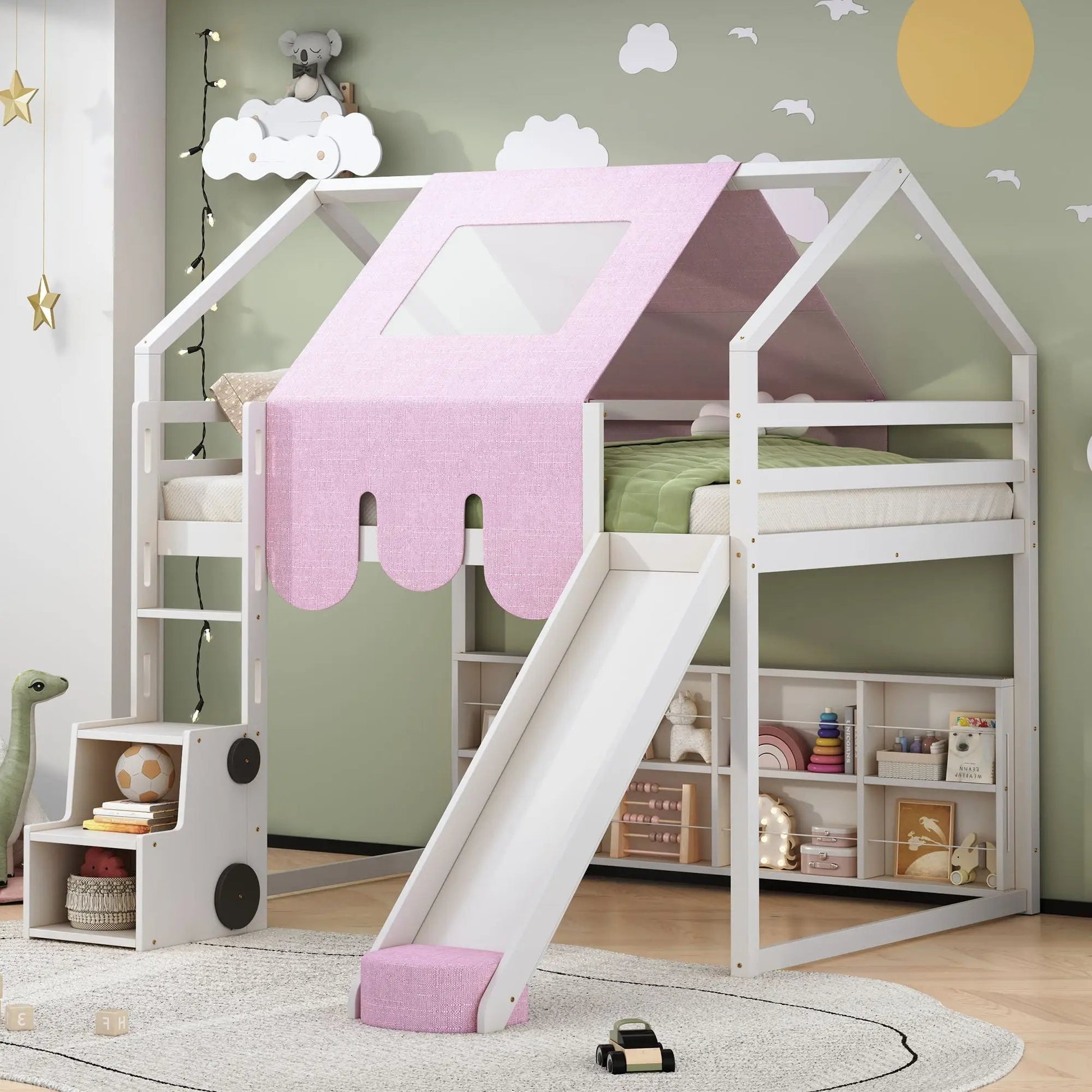 White loft bed with house-shaped frame and pink tent canopy, includes built-in shelves on Tampa Home & Garden Store