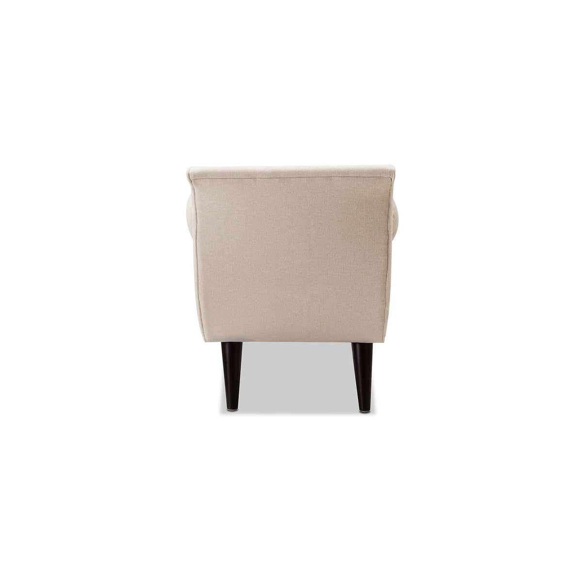 Tufted flared-arm entryway bench in beige upholstery with dark tapered legs on Tampa Home & Garden Store