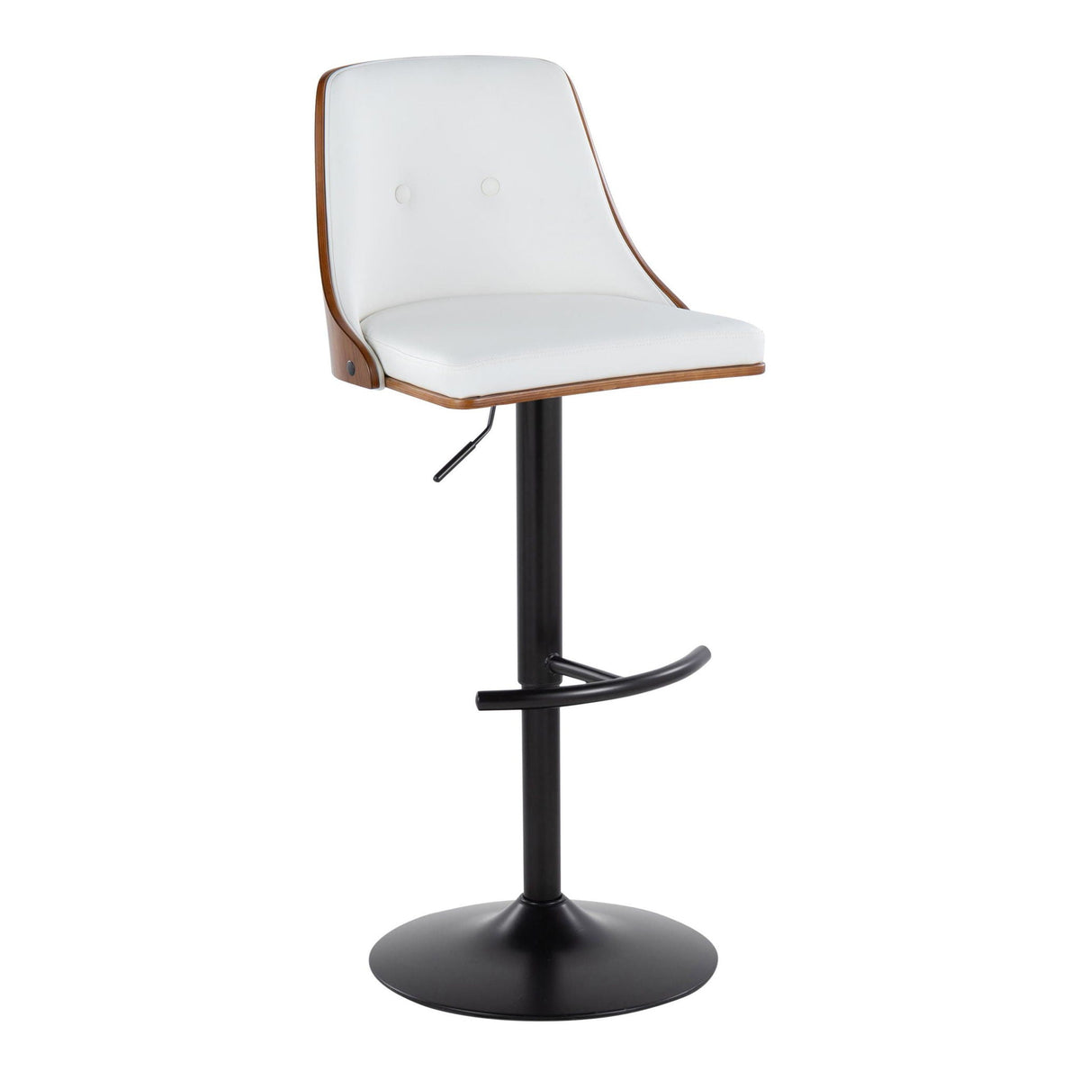 Mid Century Modern adjustable swivel barstool with white upholstery and wood frame on Tampa Home & Garden Store