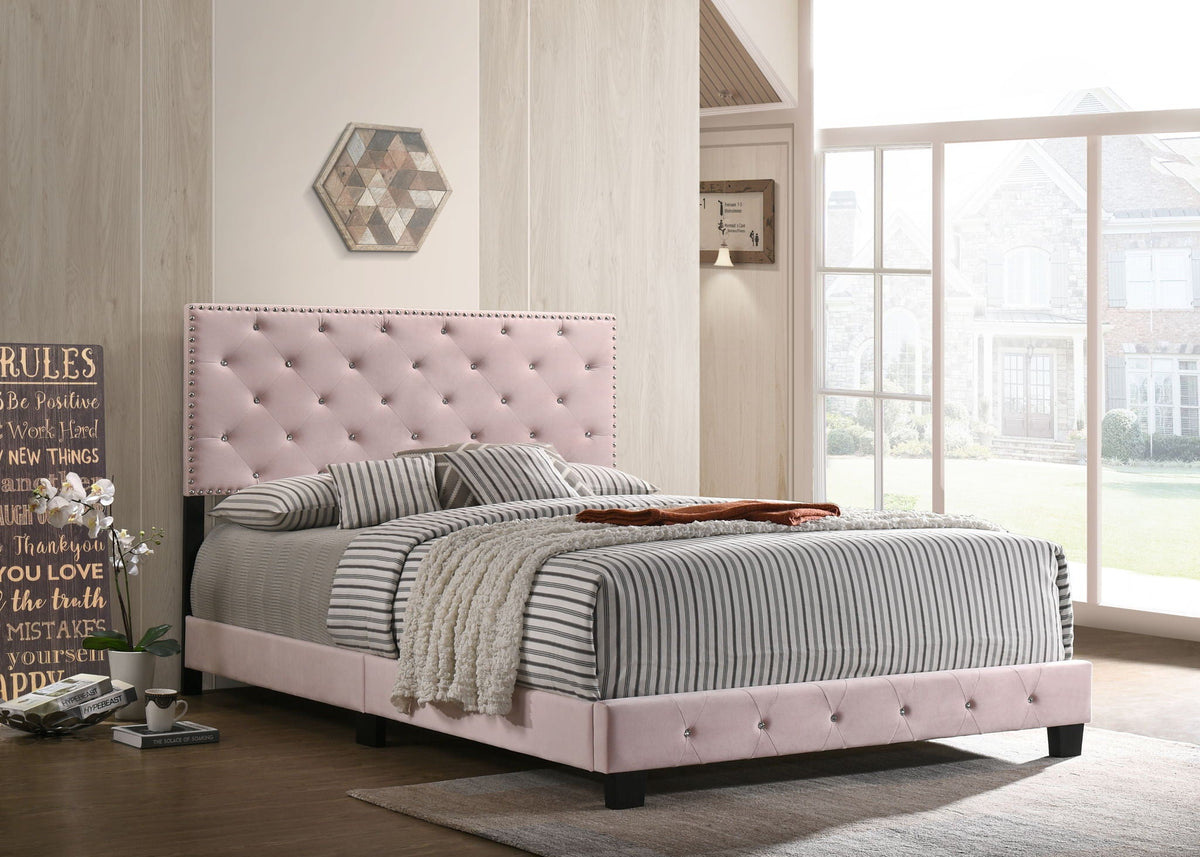 Luxurious HouseOfZazla upholstered bed with pink tufted headboard and nailhead trim on Tampa Home & Garden Store