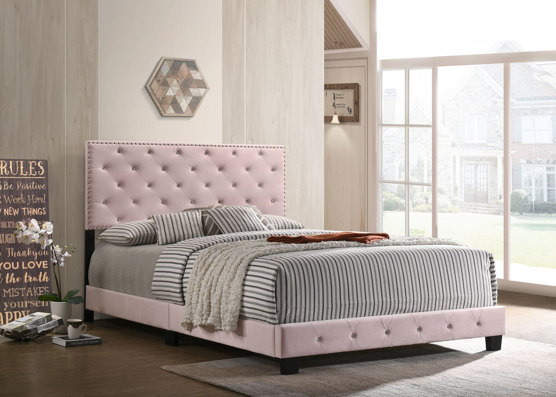 Luxurious HouseOfZazla upholstered bed with pink tufted headboard and nailhead trim on Tampa Home & Garden Store