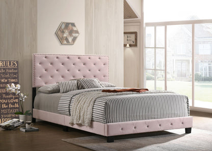 Luxurious HouseOfZazla upholstered bed with pink tufted headboard and nailhead trim on Tampa Home & Garden Store