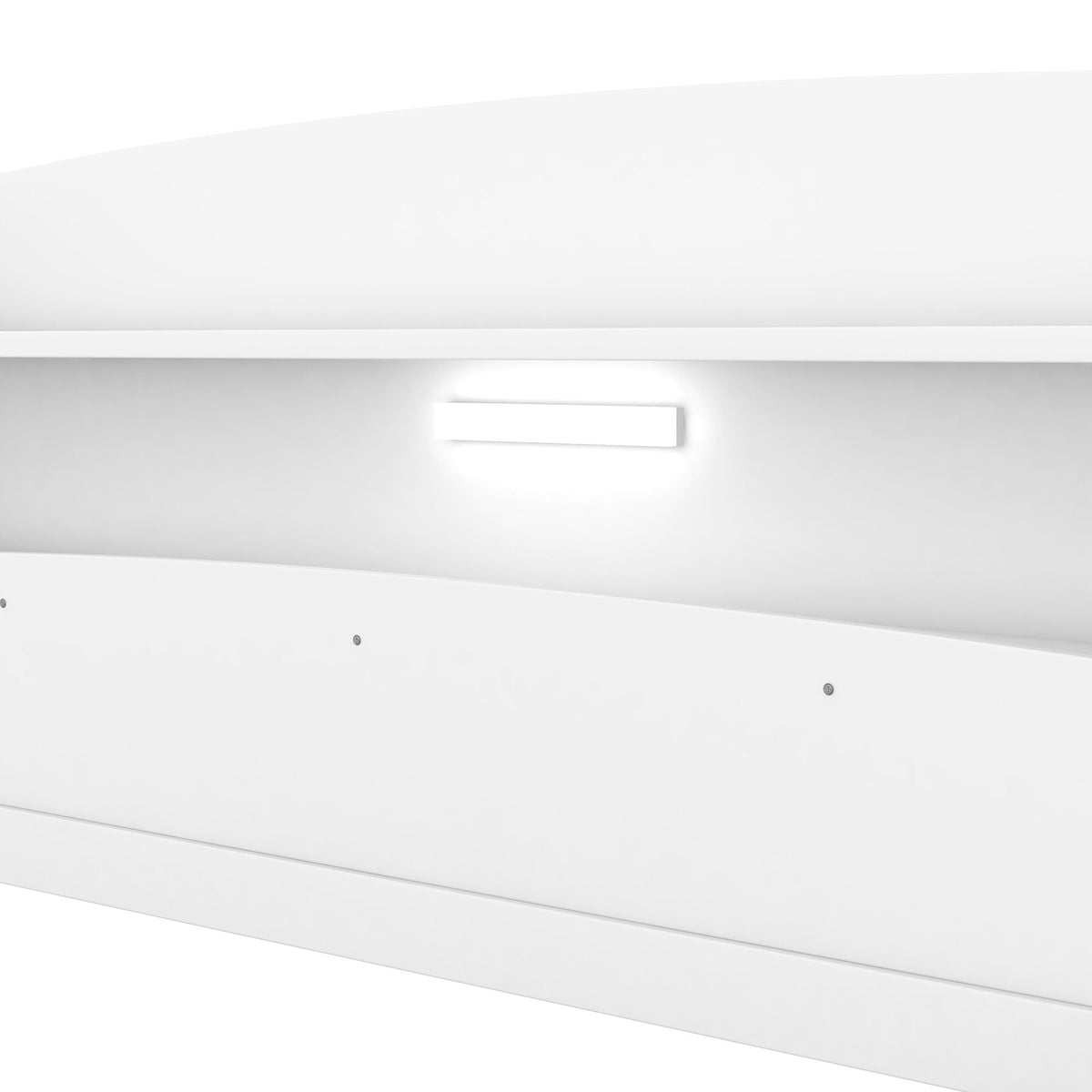 White modern interior with a slim horizontal LED wall light and curved ceiling lines on Tampa Home & Garden Store