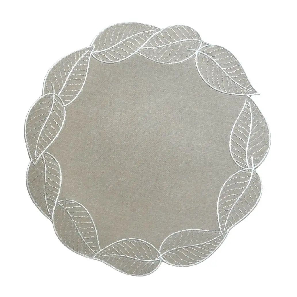 Leaf Placemat with Embroidered Border, round gray placemat with white leaf-edge embroidery on Tampa Home & Garden Store