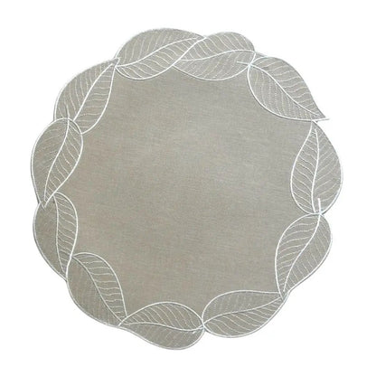 Leaf Placemat with Embroidered Border, round gray placemat with white leaf-edge embroidery on Tampa Home & Garden Store
