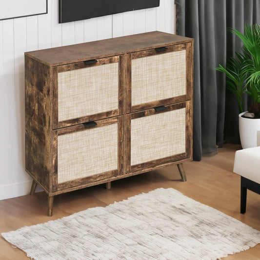 4-door shoe cabinet in brown wood with woven panels and black pulls VIP Digital Presence on Tampa Home & Garden Store