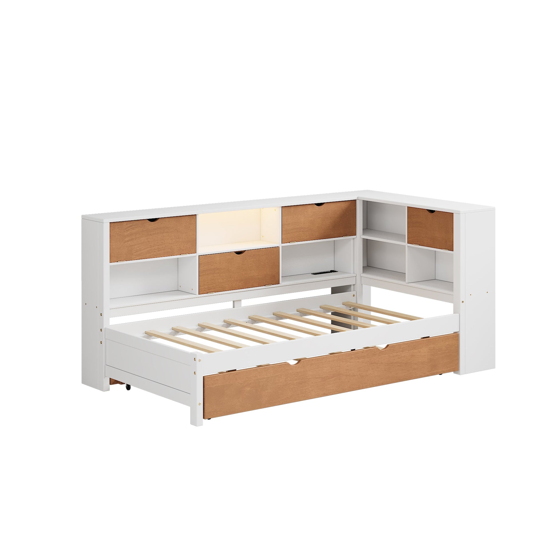 L-shaped bed frame with luggage and bookshelf, corner bed wooden captain's bed LED tube light and USB port walnut and white - Tampa Home & Garden Store