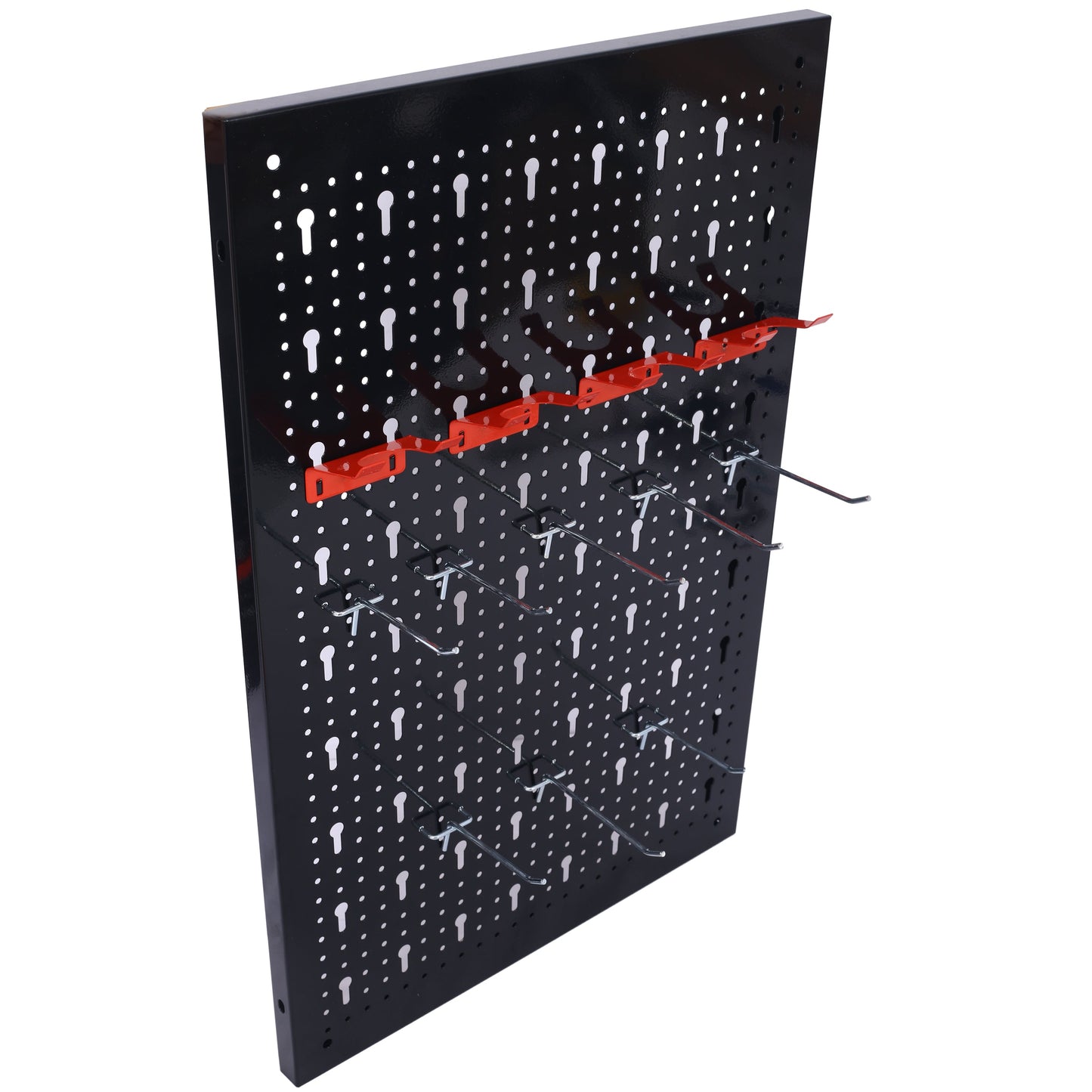 4-foot black metal nail board tool rack with 3 red hooks on perforated pegboard on Tampa Home & Garden Store