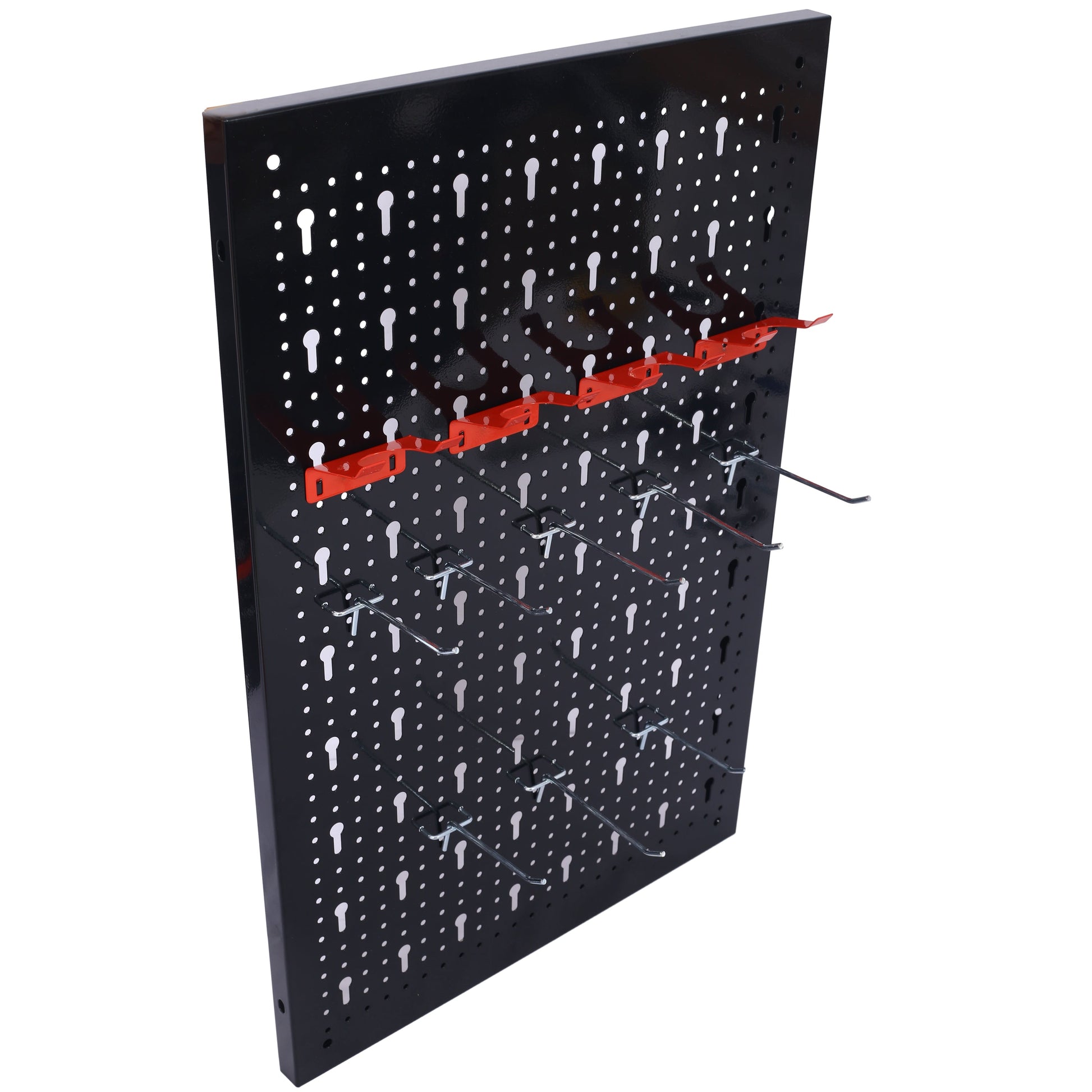 4-foot black metal nail board tool rack with 3 red hooks on perforated pegboard on Tampa Home & Garden Store