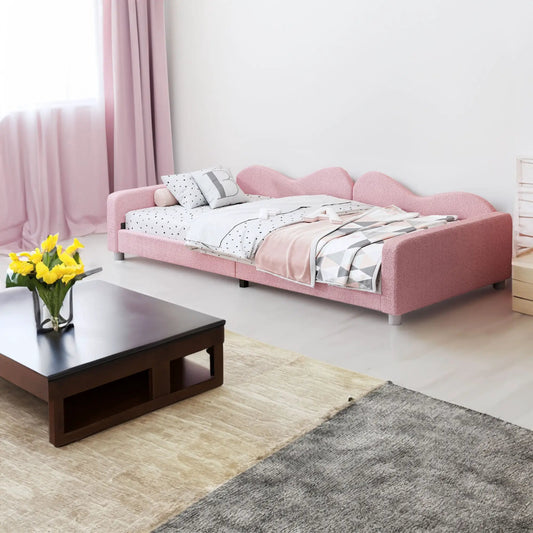 Twin daybed with sherpa sofabed in pink, curved tufted back, white dotted bedding on Tampa Home & Garden Store