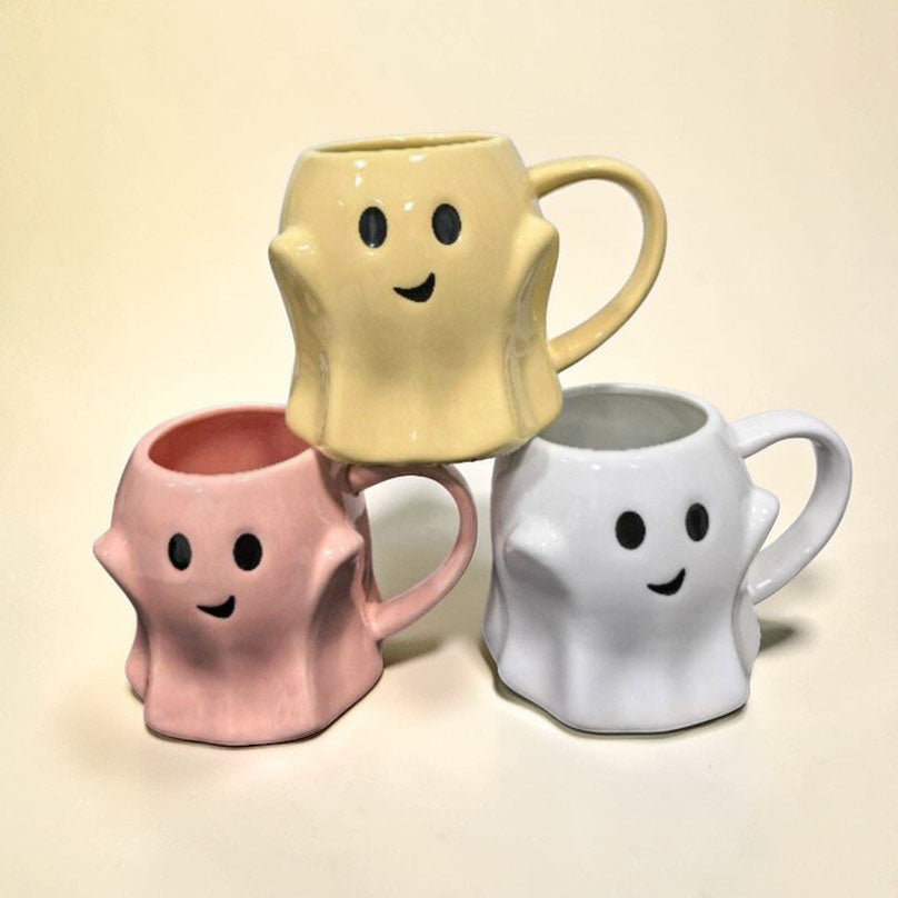 Ghost Mug trio by Gia Roma pastel ceramic coffee mugs in pink, yellow and white with smiley faces on Tampa Home & Garden Store
