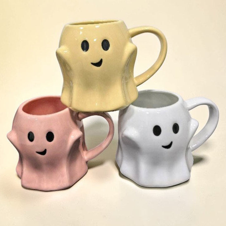 Ghost Mug set in pastel colors by Gia Roma, 3 coffee mugs with smiling faces on Tampa Home & Garden Store