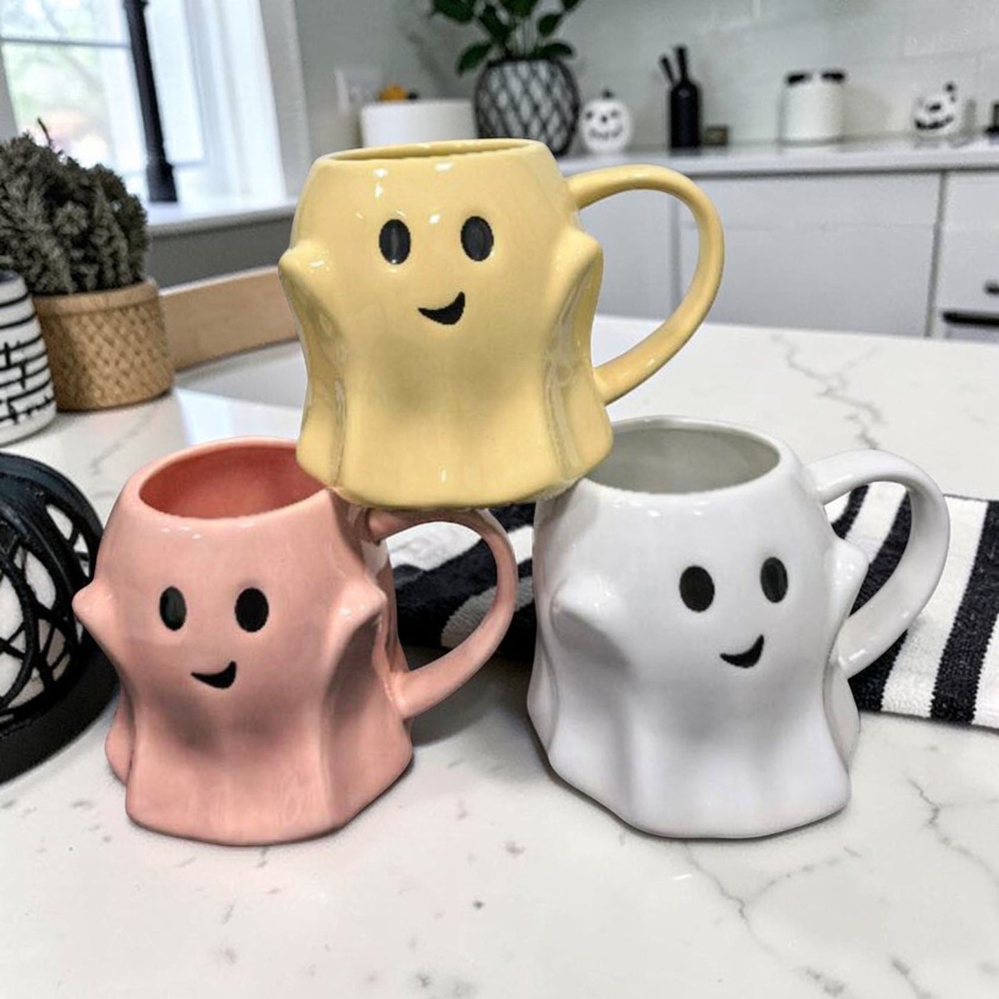 Ghost mug set: ghost-shaped ceramic coffee mugs in yellow, pink and white by Gia Roma, 3-pack on Tampa Home & Garden Store