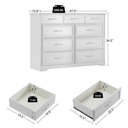Bedroom dresser 9 drawer long dresser with antique handles wood chest of drawers for kids room 47.56''W x 15.75''D x 34.45''H