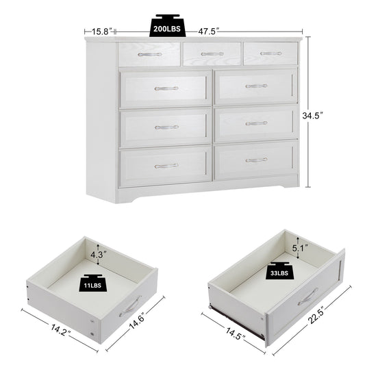 Bedroom dresser 9 drawer long dresser with antique handles wood chest of drawers for kids room 47.56''W x 15.75''D x 34.45''H