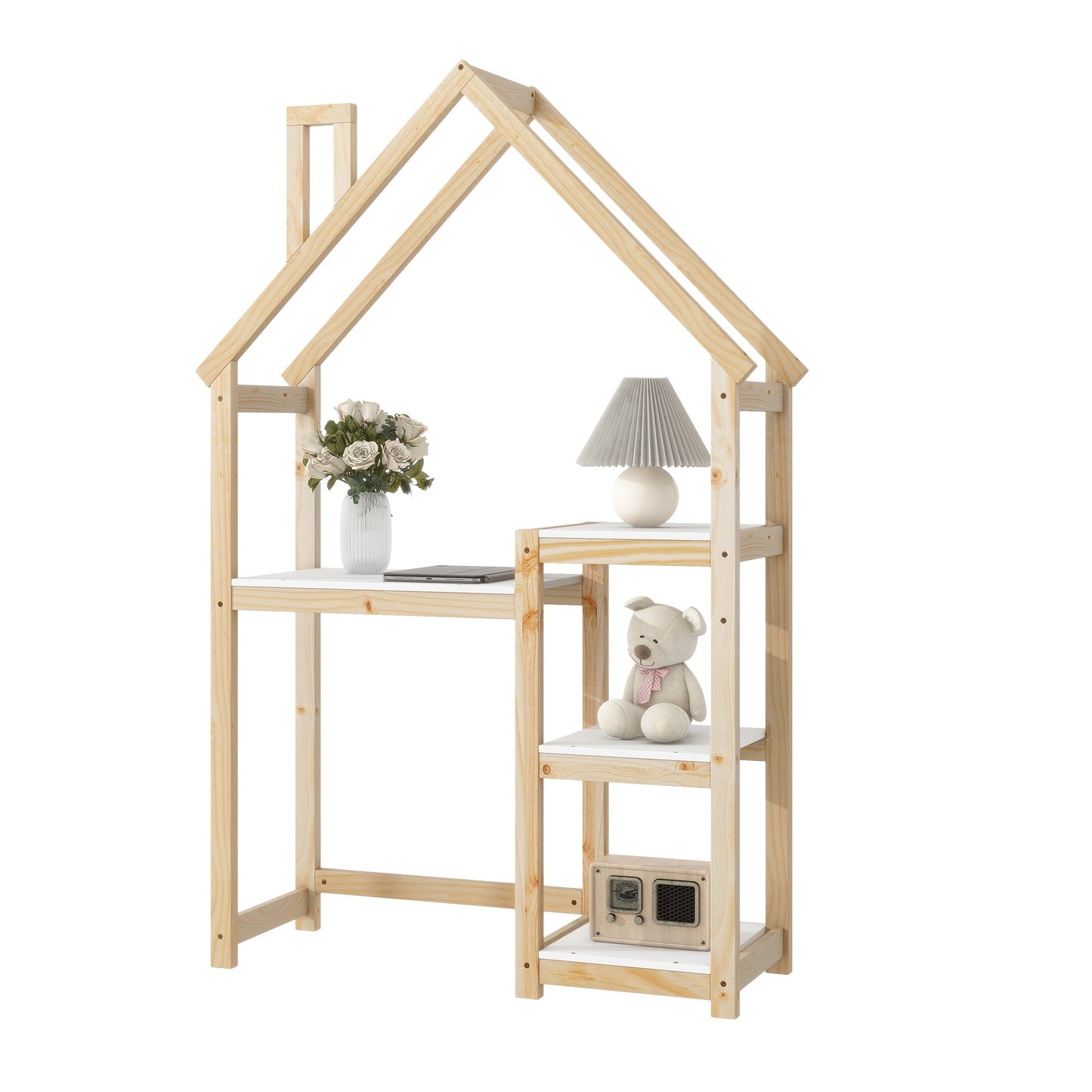 House-shaped Wooden writing Desk Kids study Table Bookshelf & Toy Storage Natural - Tampa Home & Garden Store
