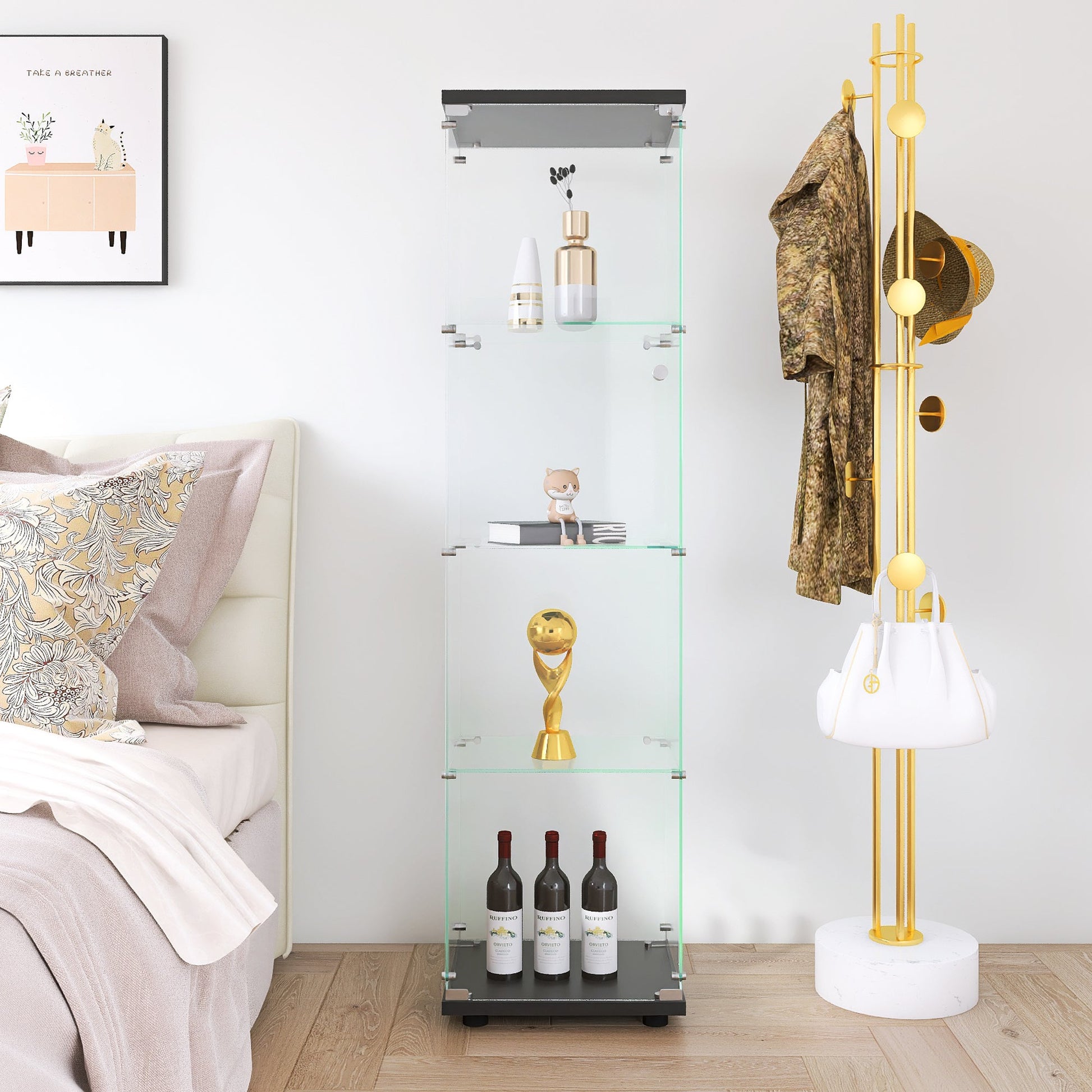 4 glass display cabinets with door shelves, floor standing antique bookshelf, 64.7 "* 16.7" * 14.3 ", black - Tampa Home & Garden Store