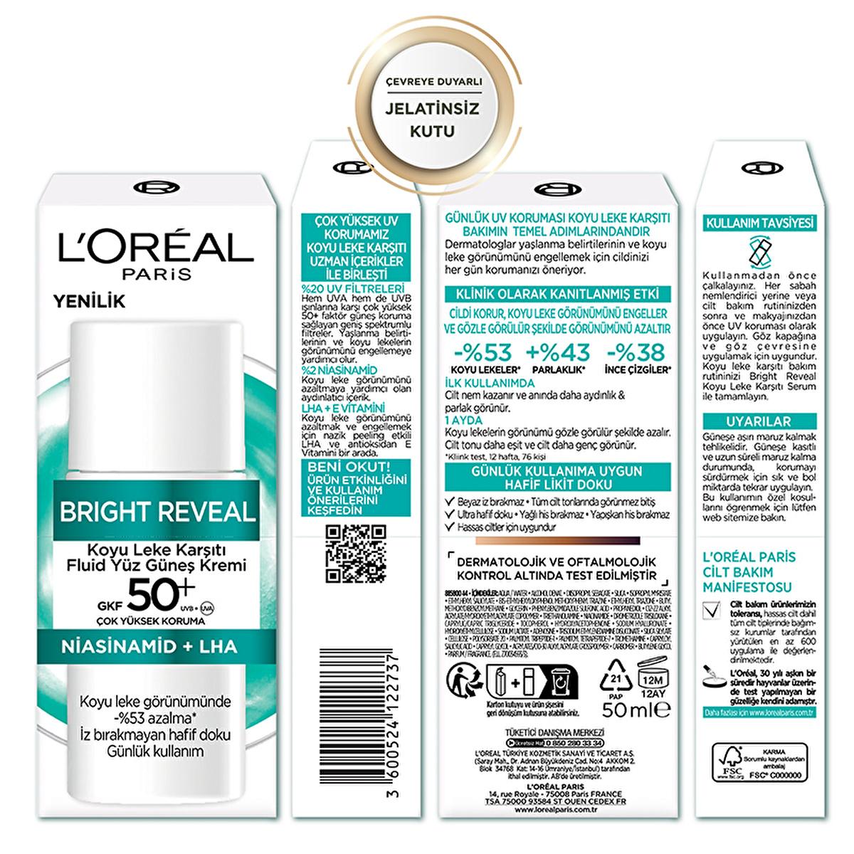L’Oréal Paris Bright Reveal SPF 50+ sunscreen box with teal label and Niacinamide + LHA on Tampa Home & Garden Store