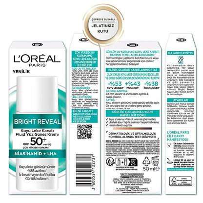 L’Oréal Paris Bright Reveal SPF 50+ sunscreen box with teal label and Niacinamide + LHA on Tampa Home & Garden Store
