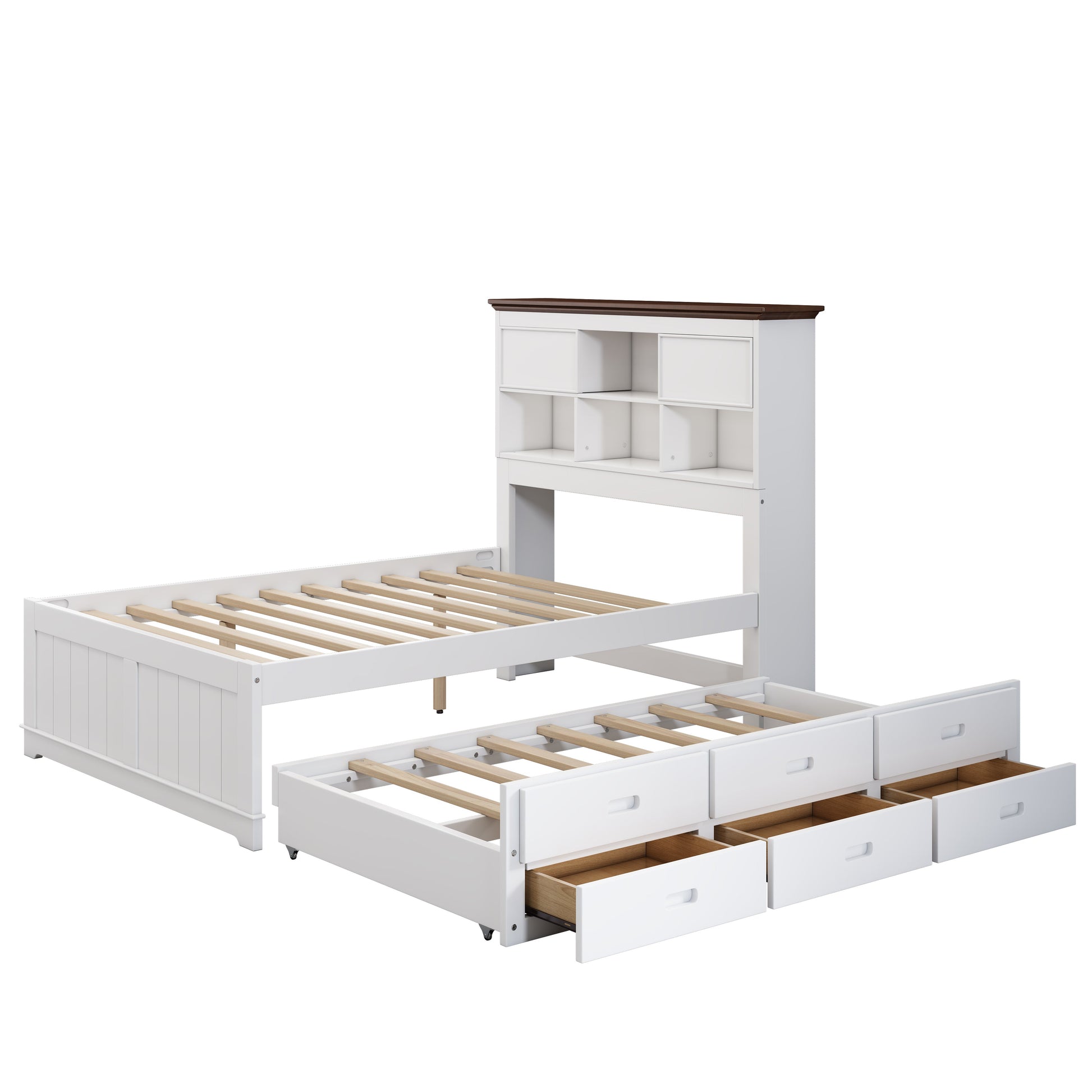 Solid Pine Captain Bookcase Bed with Trundle Bed and 3 Spacious Under Bed Drawers in Casual,Full, White+Walnut - Tampa Home & Garden Store