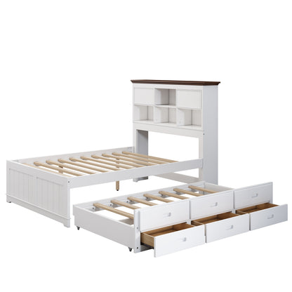 Solid Pine Captain Bookcase Bed with Trundle Bed and 3 Spacious Under Bed Drawers in Casual,Full, White+Walnut - Tampa Home & Garden Store