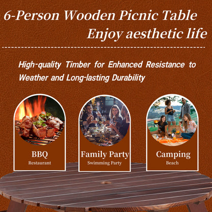 6-person circular picnic table with 3 built-in benches, umbrella holes, outdoor tables and chairs brown bench set - Tampa Home & Garden Store