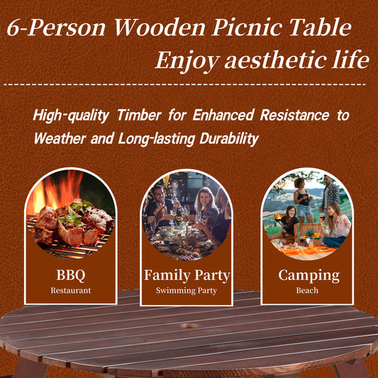 6-person circular picnic table with 3 built-in benches, umbrella holes, outdoor tables and chairs brown bench set - Tampa Home & Garden Store