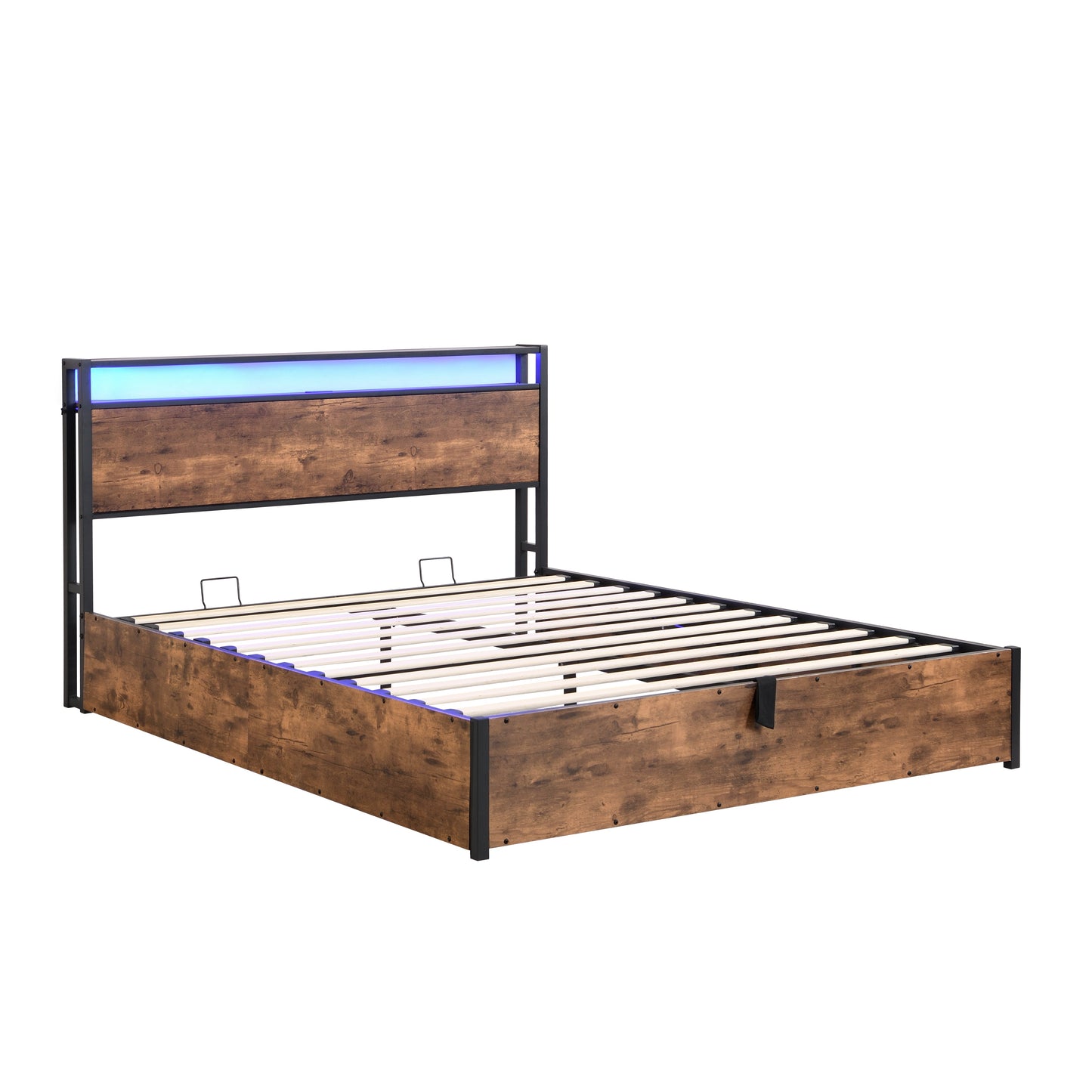 Elevating storage bed frame, full-size bed frame with bookshelf headboard and LED lights, with country brown color - Tampa Home & Garden Store