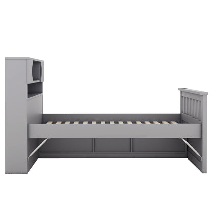 Twin Size Captain Platform Bed Frame with Storage Bookcases and Shelves,Four Drawers, Gray - Tampa Home & Garden Store
