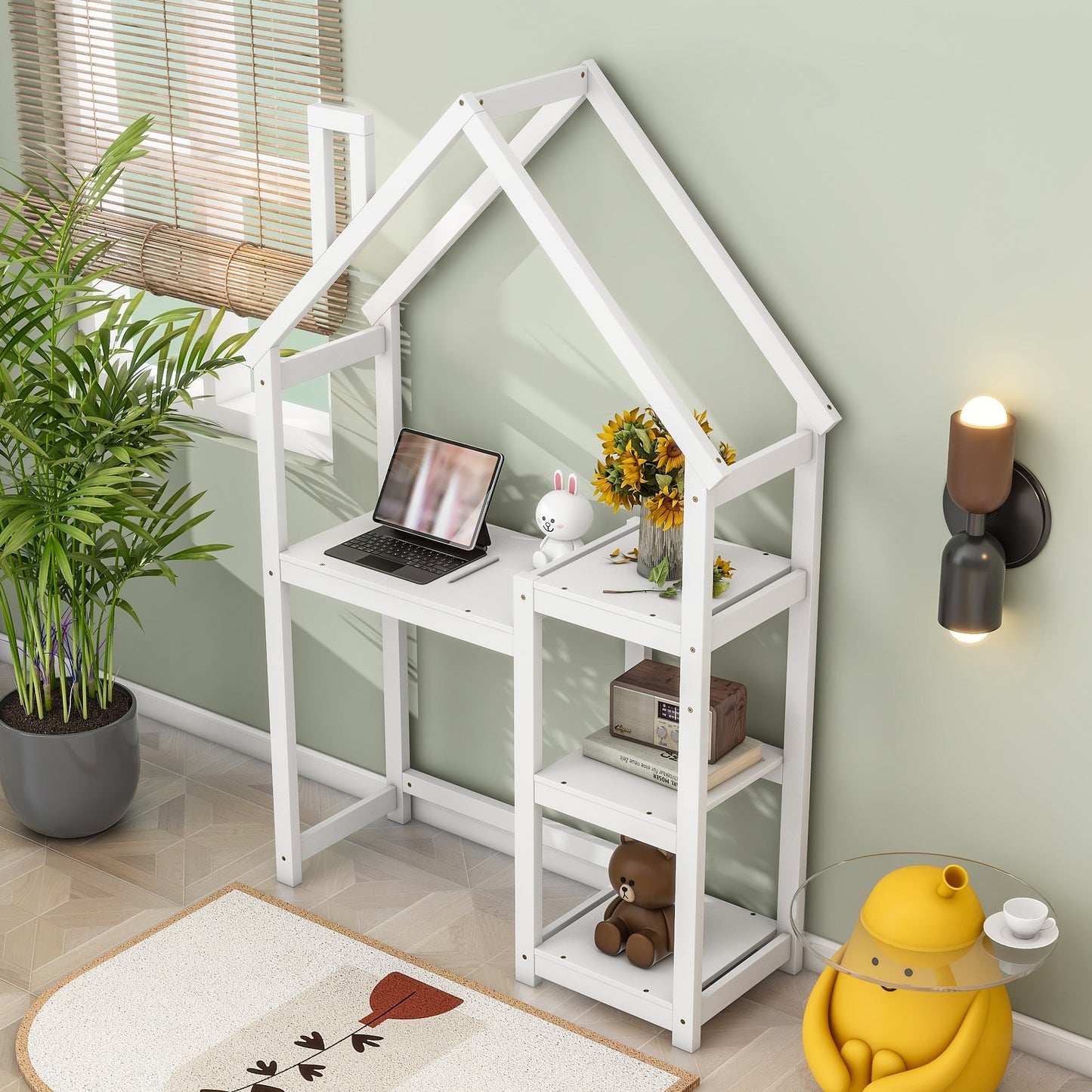 House-shaped Wooden writing Desk,Kids study Table,Bookshelf & Toy Storage,White - Tampa Home & Garden Store