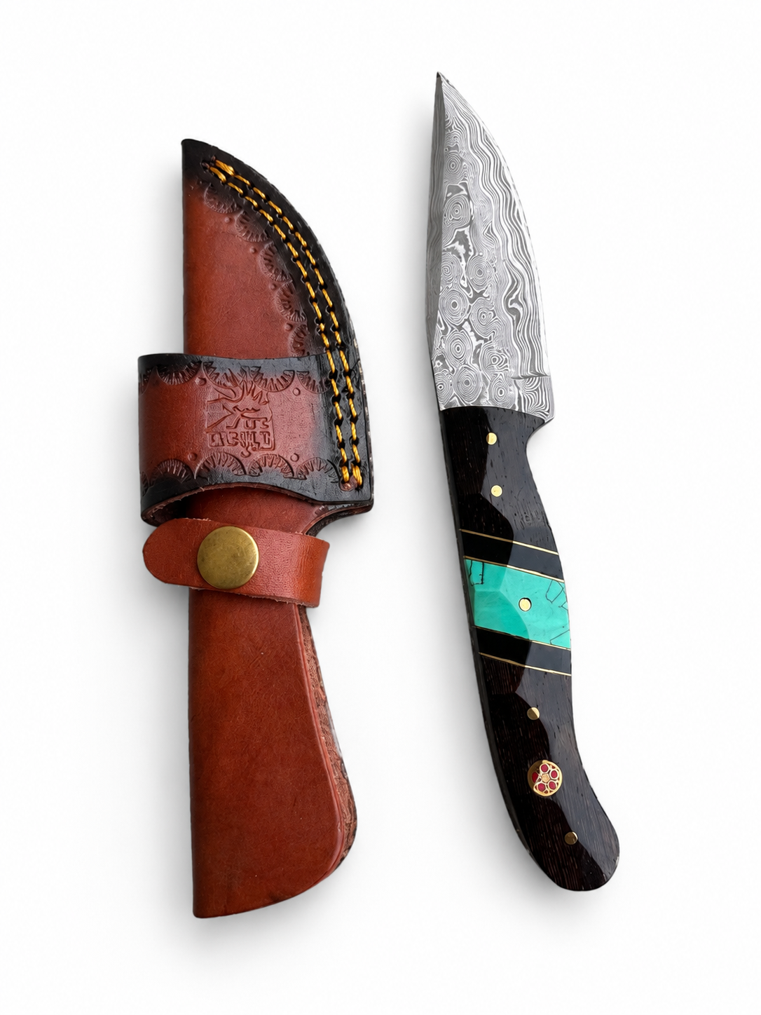 Titan Shadowstone TK-520 Damascus Hunter knife with patterned blade and turquoise inlay on Tampa Home & Garden Store