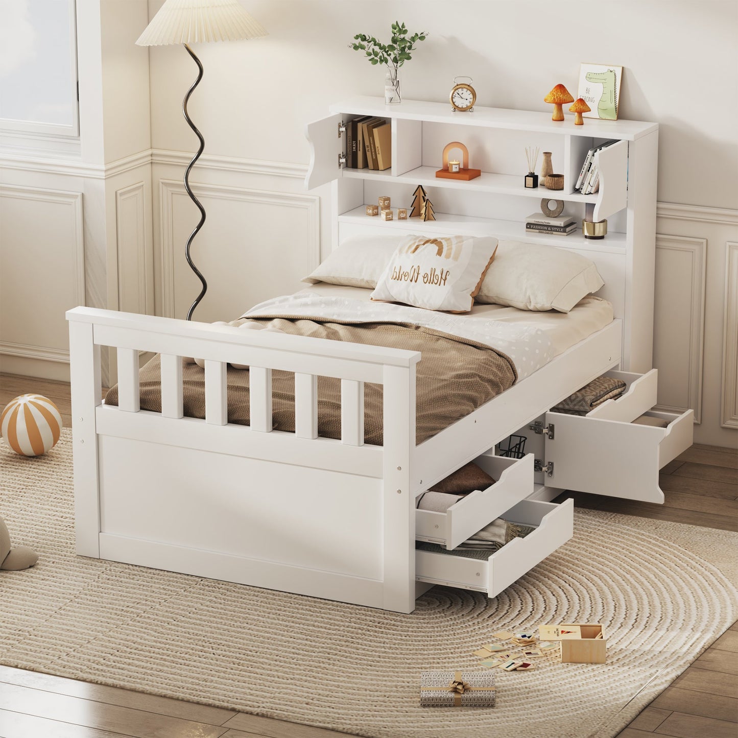 Twin Size Captain Platform Bed Frame with Storage Bookcases and Shelves,Four Drawers,White - Tampa Home & Garden Store