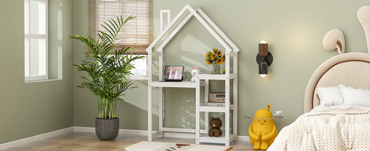 House-shaped Wooden writing Desk,Kids study Table,Bookshelf & Toy Storage,White - Tampa Home & Garden Store
