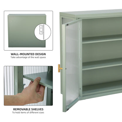 Retro Style Haze Double Glass Door Wall Cabinet With Detachable Shelves for Office Dining Room Living Room Kitchen