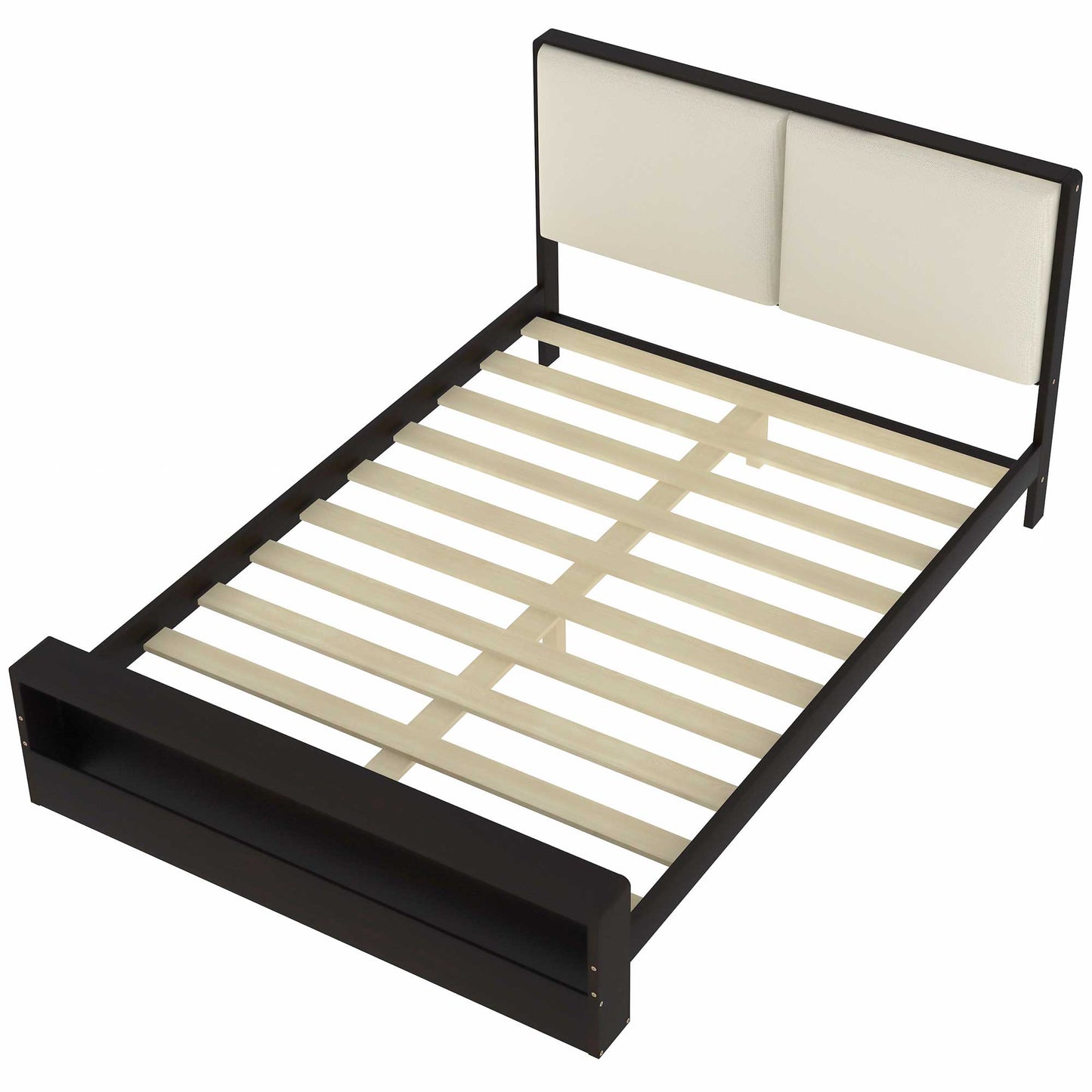 Queen Size Platform Bed Frame with Upholstery Headboard and Bookshelf in Footboard and LED Light Strips, Espresso - Tampa Home & Garden Store