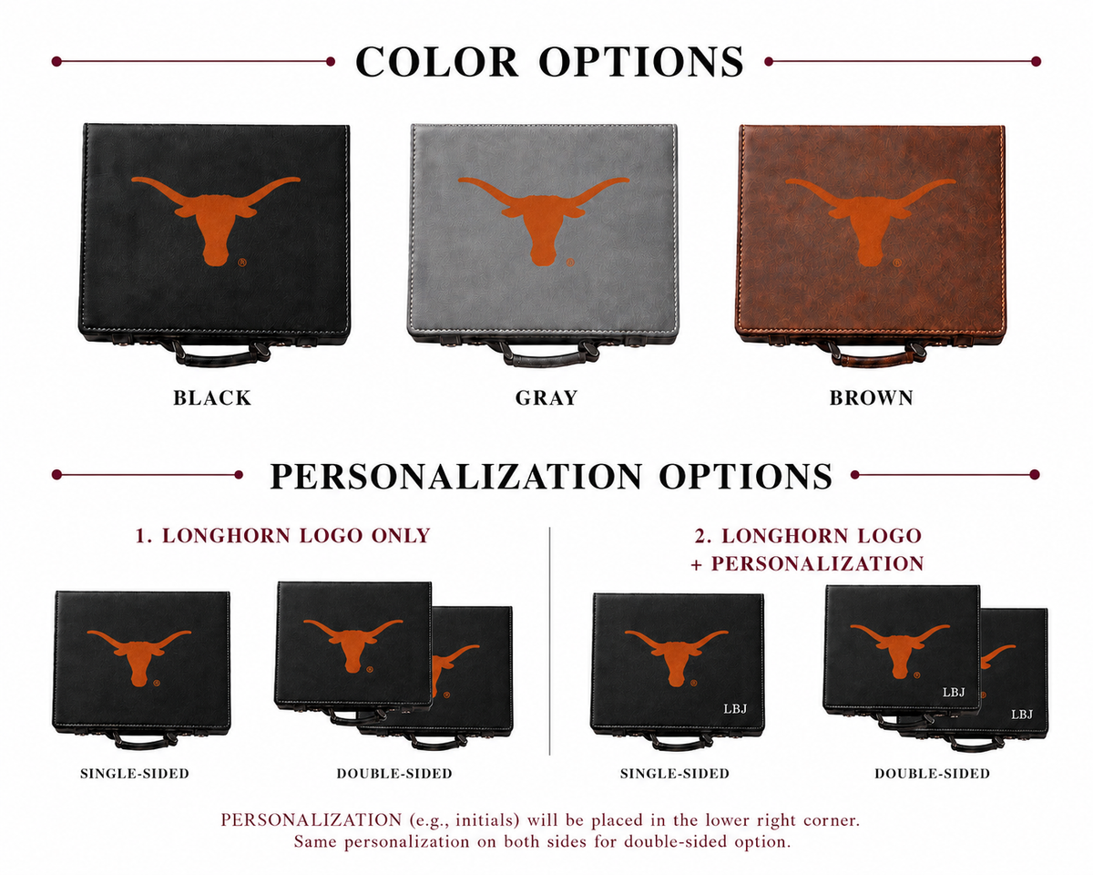 Texas Longhorn 100-Chip Poker Set cases in black gray brown with orange Longhorn logo, 3 options on Tampa Home & Garden Store