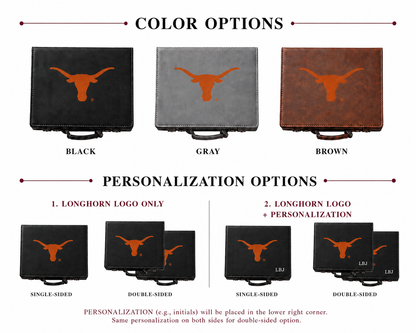 Texas Longhorn 100-Chip Poker Set cases in black gray brown with orange Longhorn logo, 3 options on Tampa Home & Garden Store