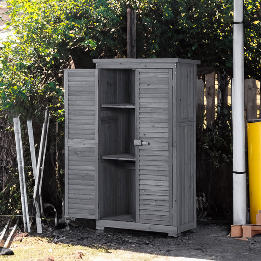 Wooden Garden Shed 3-tier Patio Storage Cabinet Outdoor Organizer Wooden Lockers with Fir Wood (Gray Wood Color -Shutter Design) - Tampa Home & Garden Store