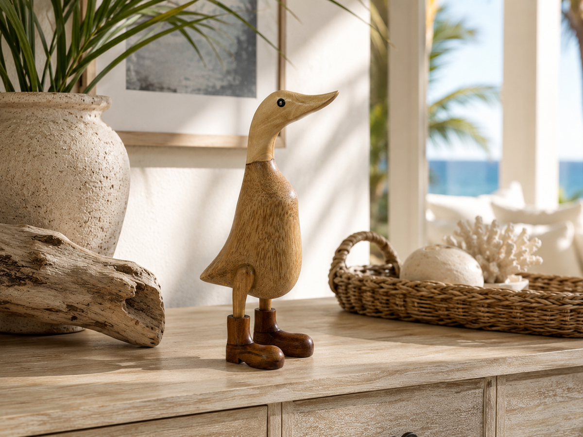 Bali Hand-Carved Bamboo Duck Sculpture, two-tone natural wood with light head and dark body on Tampa Home & Garden Store
