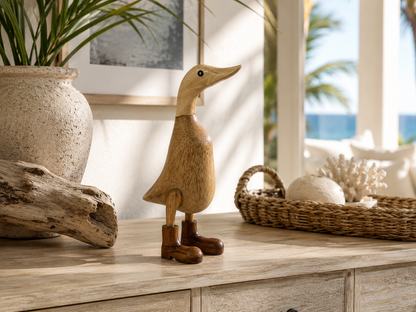 Bali Hand-Carved Bamboo Duck Sculpture, two-tone natural wood with light head and dark body on Tampa Home & Garden Store